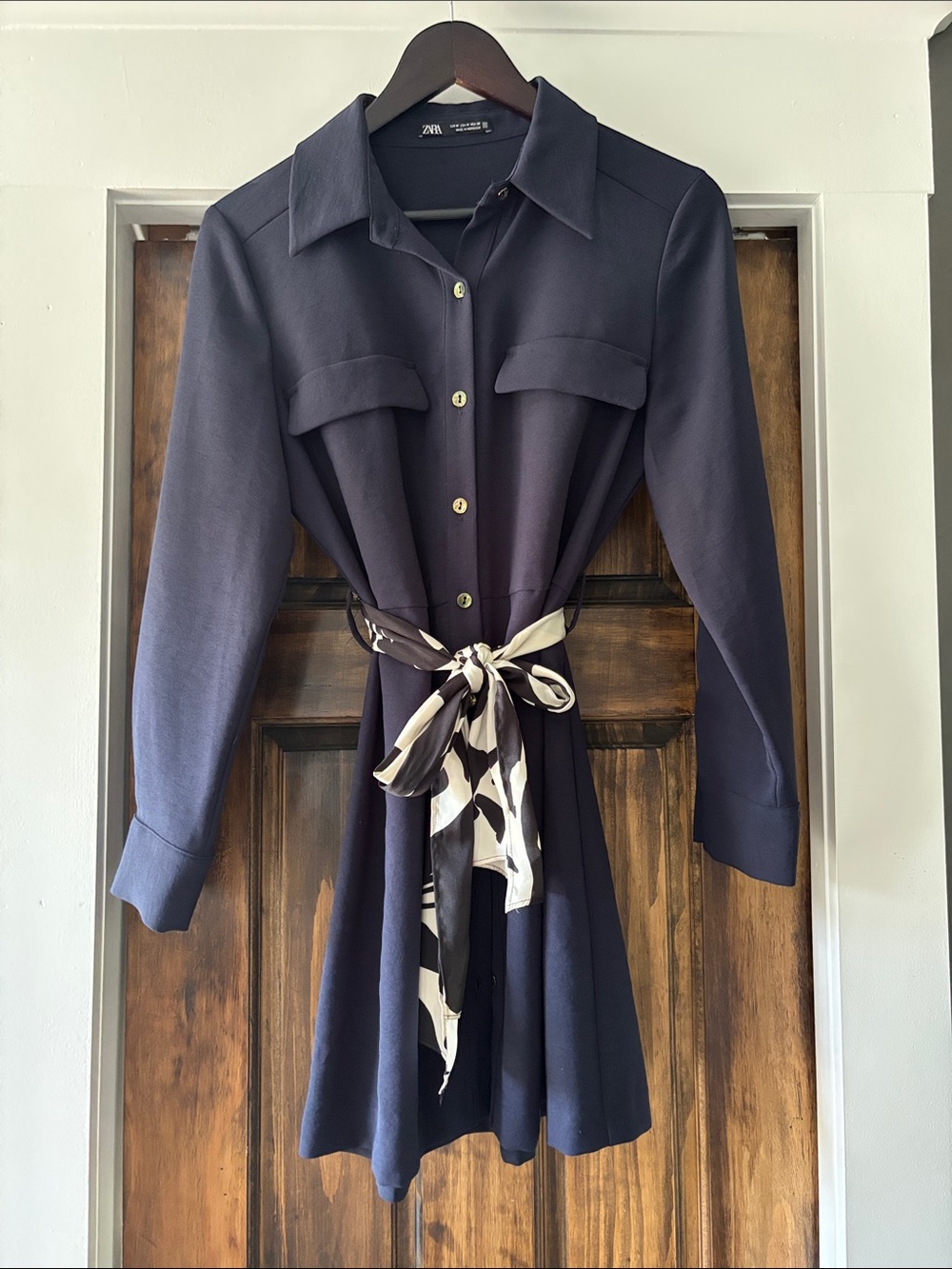 Zara Navy Long-Sleeve Shirt Dress with Patterned Tie